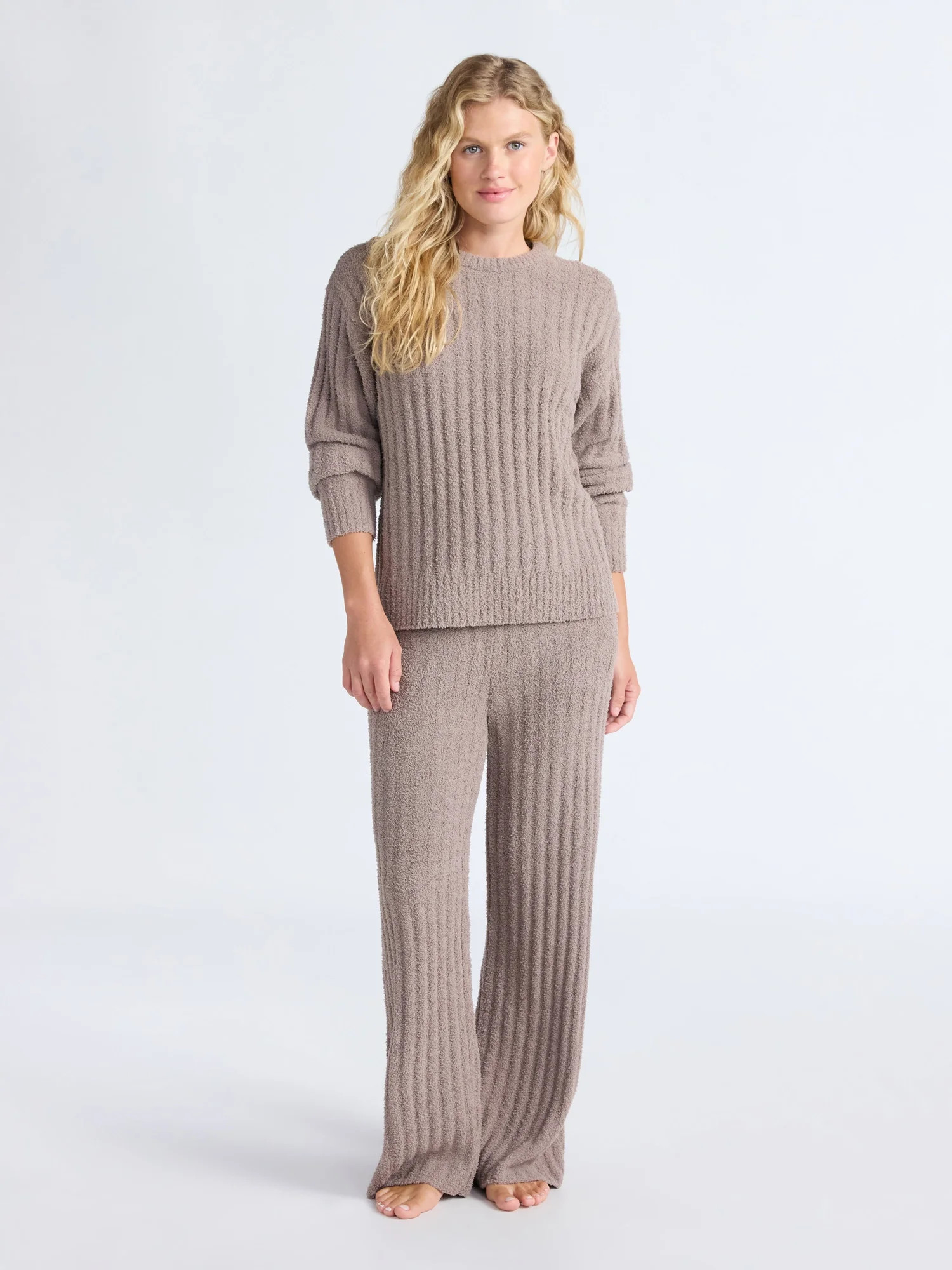 Joyspun Women's Cozy Ribbed Crewneck Top and Wide-Leg Pants Set, 2-Piece, Sizes XS-3X | Walmart (US)