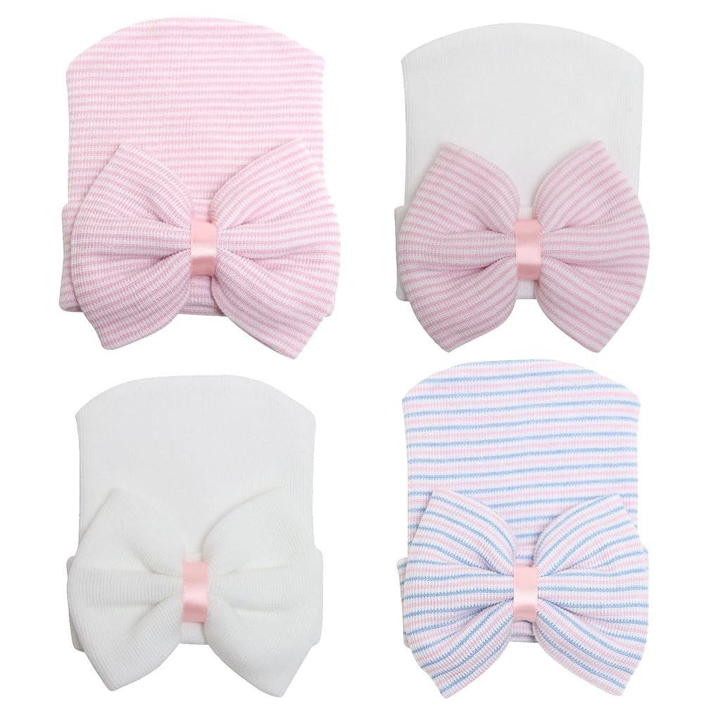 DRESHOW BQUBO 4 Pack Newborn Hospital Hat Infant Baby Hat Cap with Big Bow Soft Cute Knot Nursery... | Amazon (US)