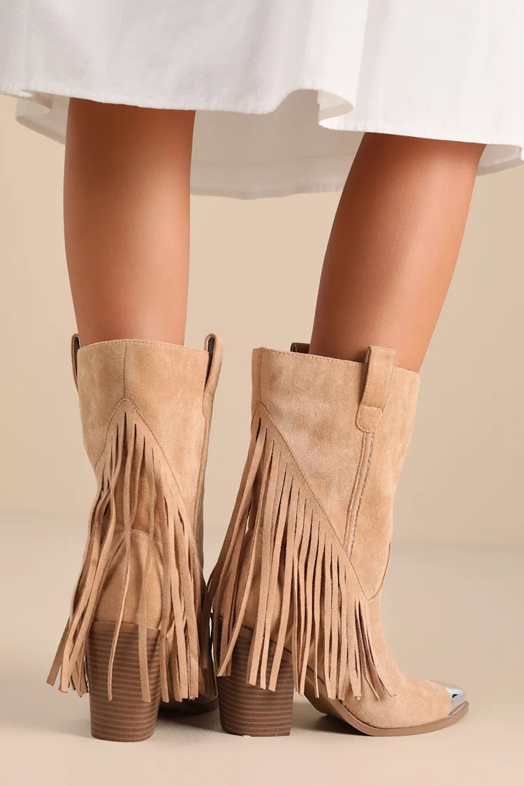 Toleson Taupe Suede Fringe Pointed-Toe Mid-Calf Western Boots | Lulus