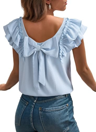 Dokotoo Womens Tops Casual Square Neck Bow Tie Back Blouse Ruffle Butterfly Sleeve Babydoll Textu... | Amazon (US)