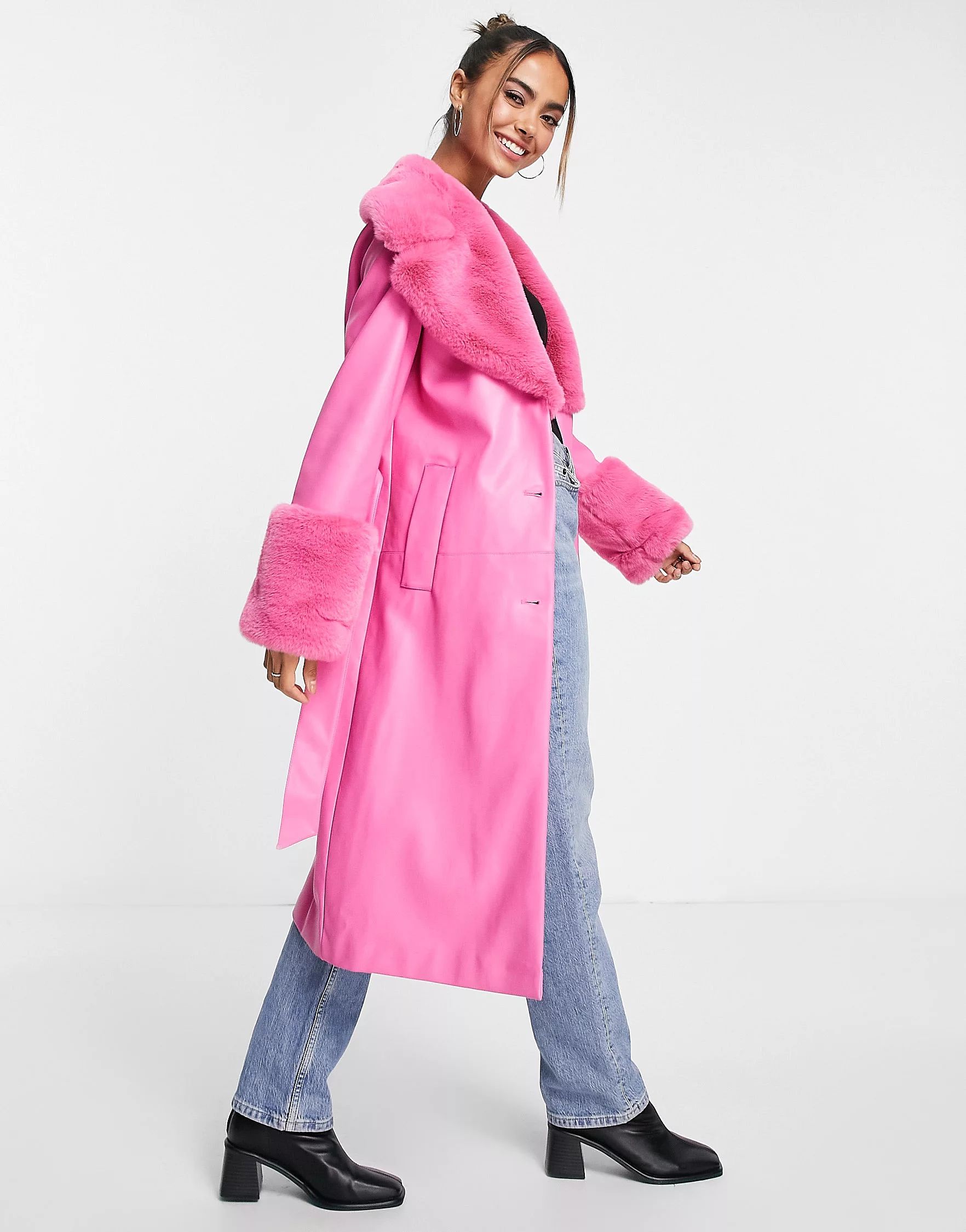 Forever New faux fur belted PU coat in pink | ASOS (Global)