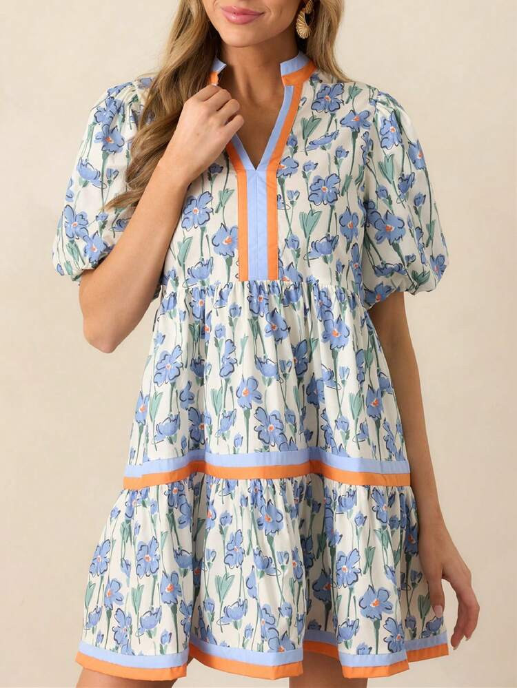 Women Y2K Babydoll Mini Dresses V Neck Puff Sleeve Short Dress Beach Sundress | SHEIN