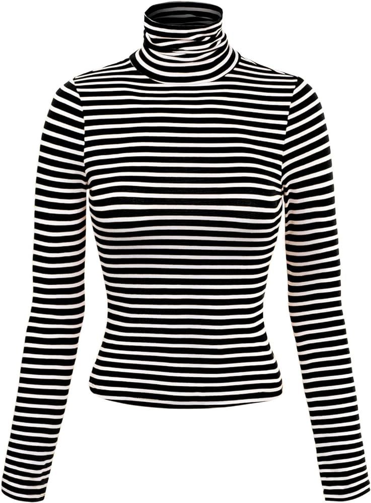 MixMatchy Women's Solid Tight Fit Lightweight Solid/Stripe Long Sleeves Turtle Neck Top | Amazon (US)