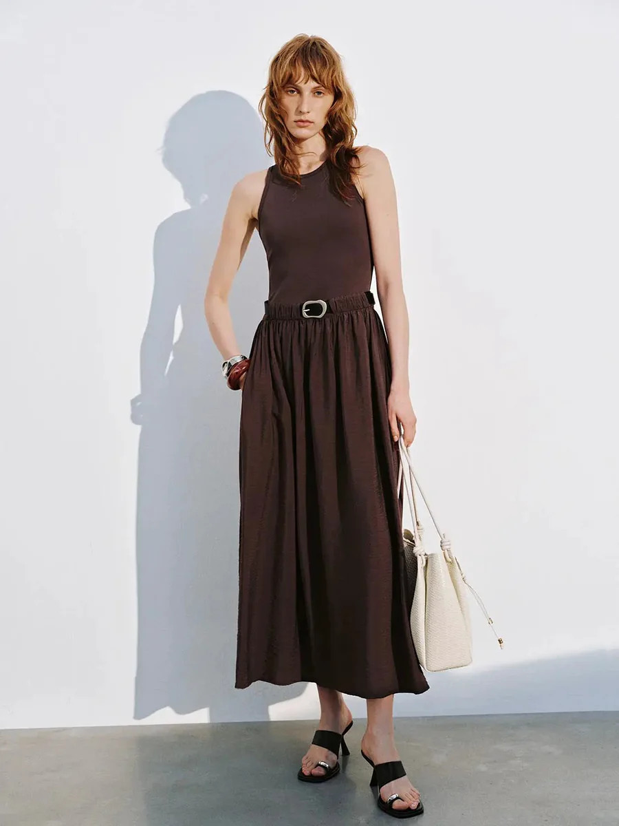 Cotton Upper Belted Sleeveless A Line Maxi Dress | Urban Revivo