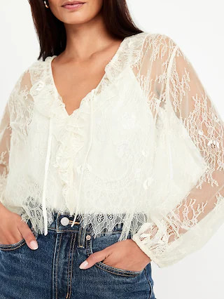 Long-Sleeve Lace V-Neck Lined Top | Old Navy (US)