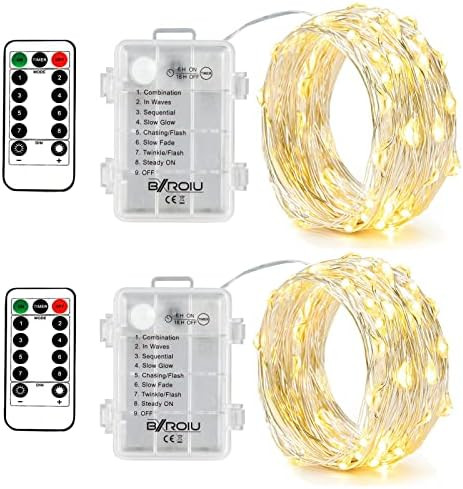 2 x Fairy Lights Battery Operated,Silver Wire Chains 8 Mode 16Ft/5Meter 50 LEDs Timer String Ligh... | Amazon (US)
