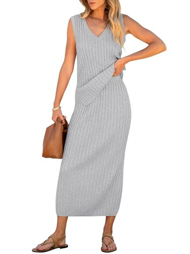 ANRABESS Women's 2 Piece Outfits Summer Sweater Skirt Sets Casual Sleeveless V Neck Ribbed Vest Knit Tops Midi Dress Medium Grey | Amazon (US)