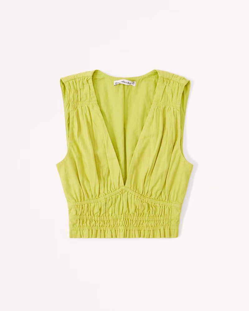 Linen-Blend Ruched V-Neck Set Top | Lime Green Top | Light Green Top | Winter Tops | Spring Tops | Abercrombie & Fitch (US)