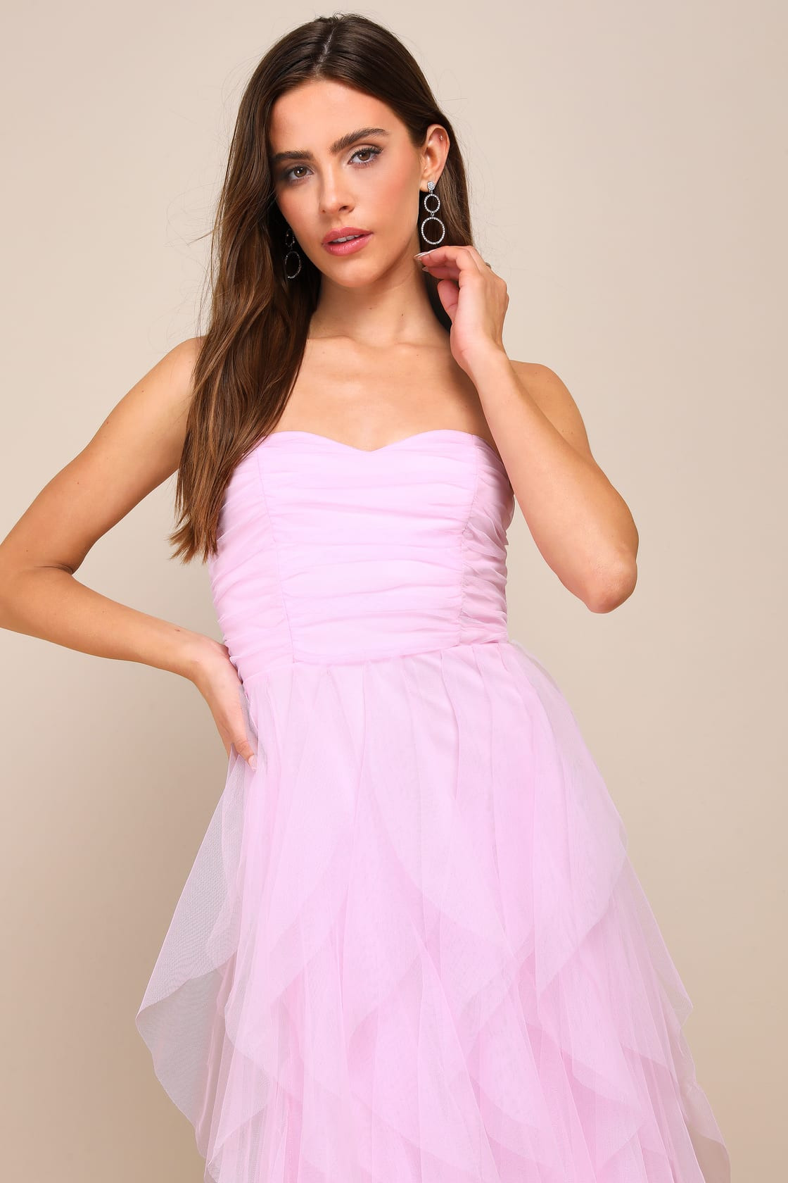 Delightful Beauty Pink Mesh Strapless Ruched Ruffled Maxi Dress | Lulus