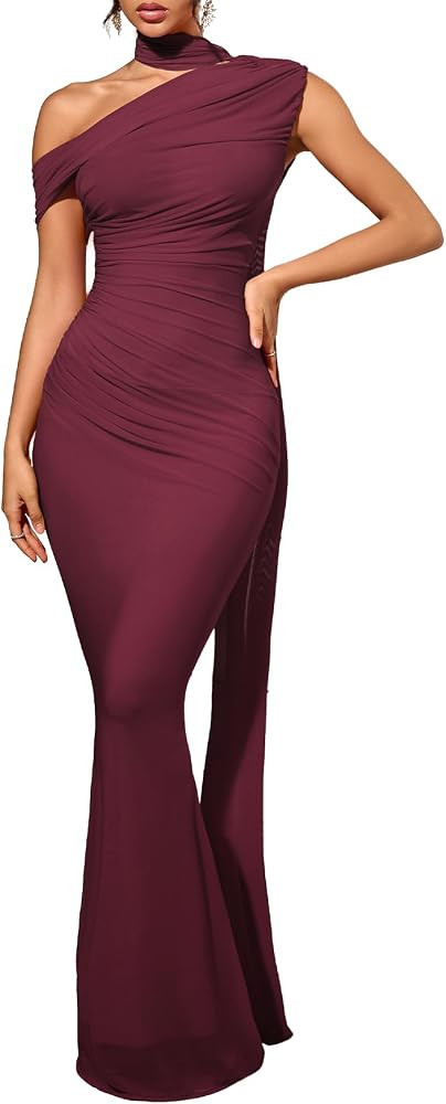 Isolde Women's One Shoulder Mesh Ribbon Ruched Formal Maxi Dress | Amazon (US)