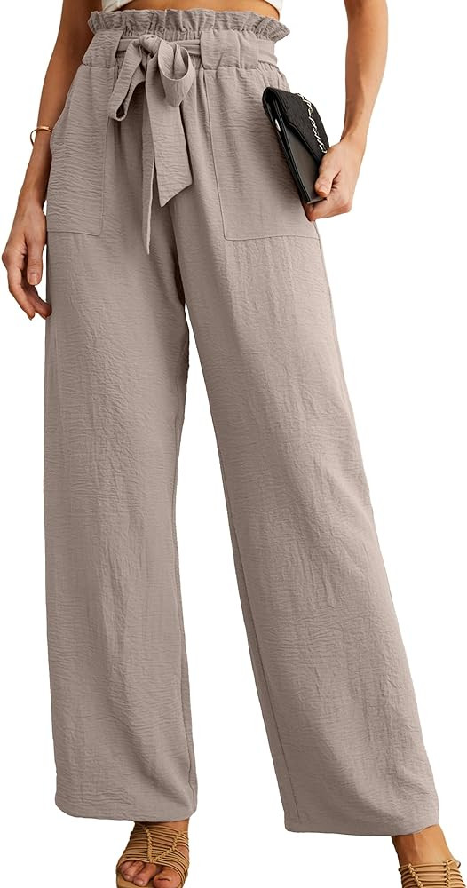 IWOLLENCE Women High Waist Palazzo Pants, Adjustable Knot Ankle Wide Leg Trousers Pockets Beach V... | Amazon (US)