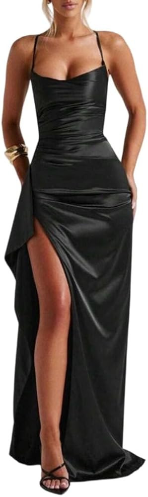 Women's Spaghetti Strap Maxi Dress Ruched Formal Evening Gown with High Slit | Amazon (US)