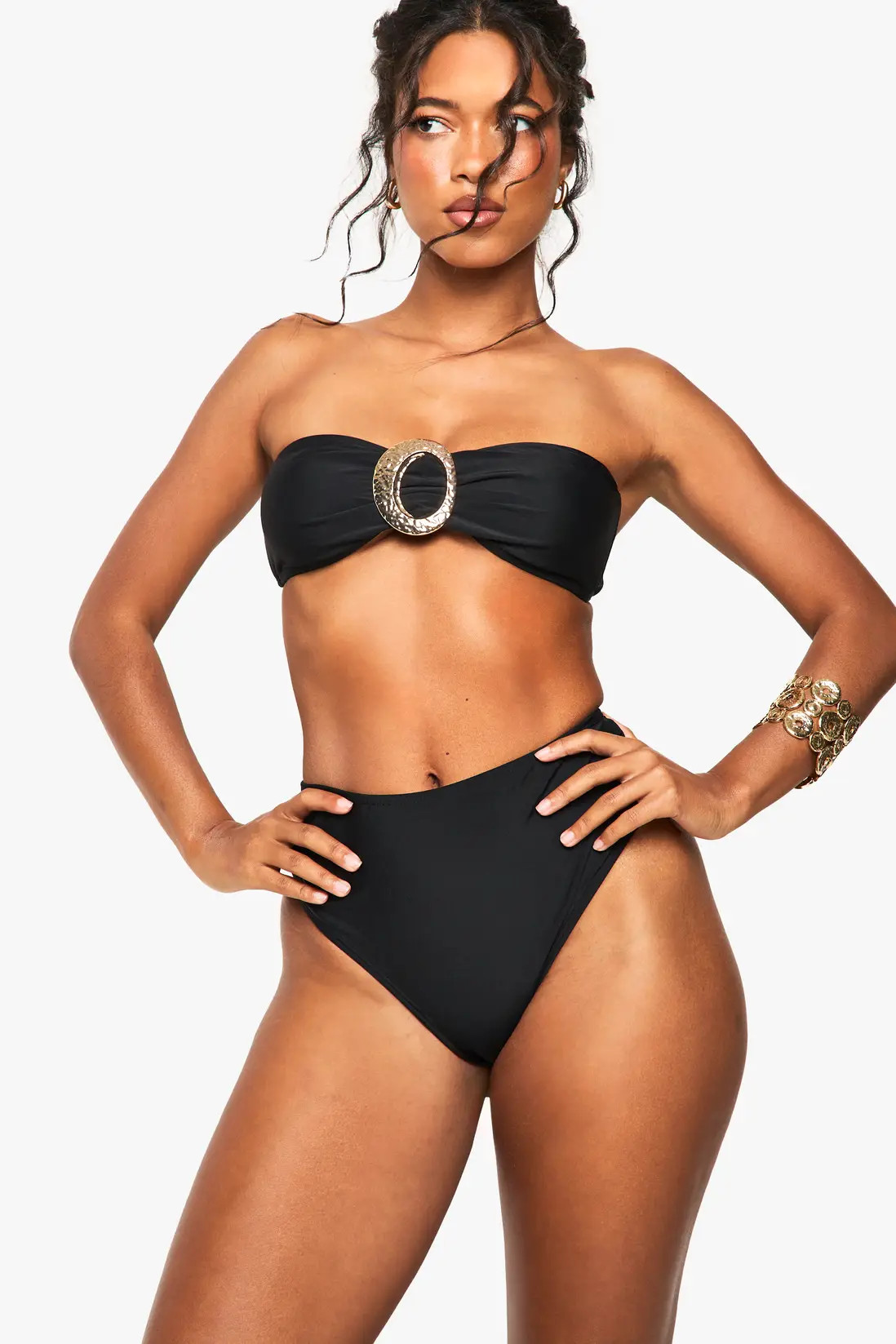 Gold Trim Detail Bandeau Bikini Top & High Waist Bikini Bottoms Set | boohoo (US & Canada)