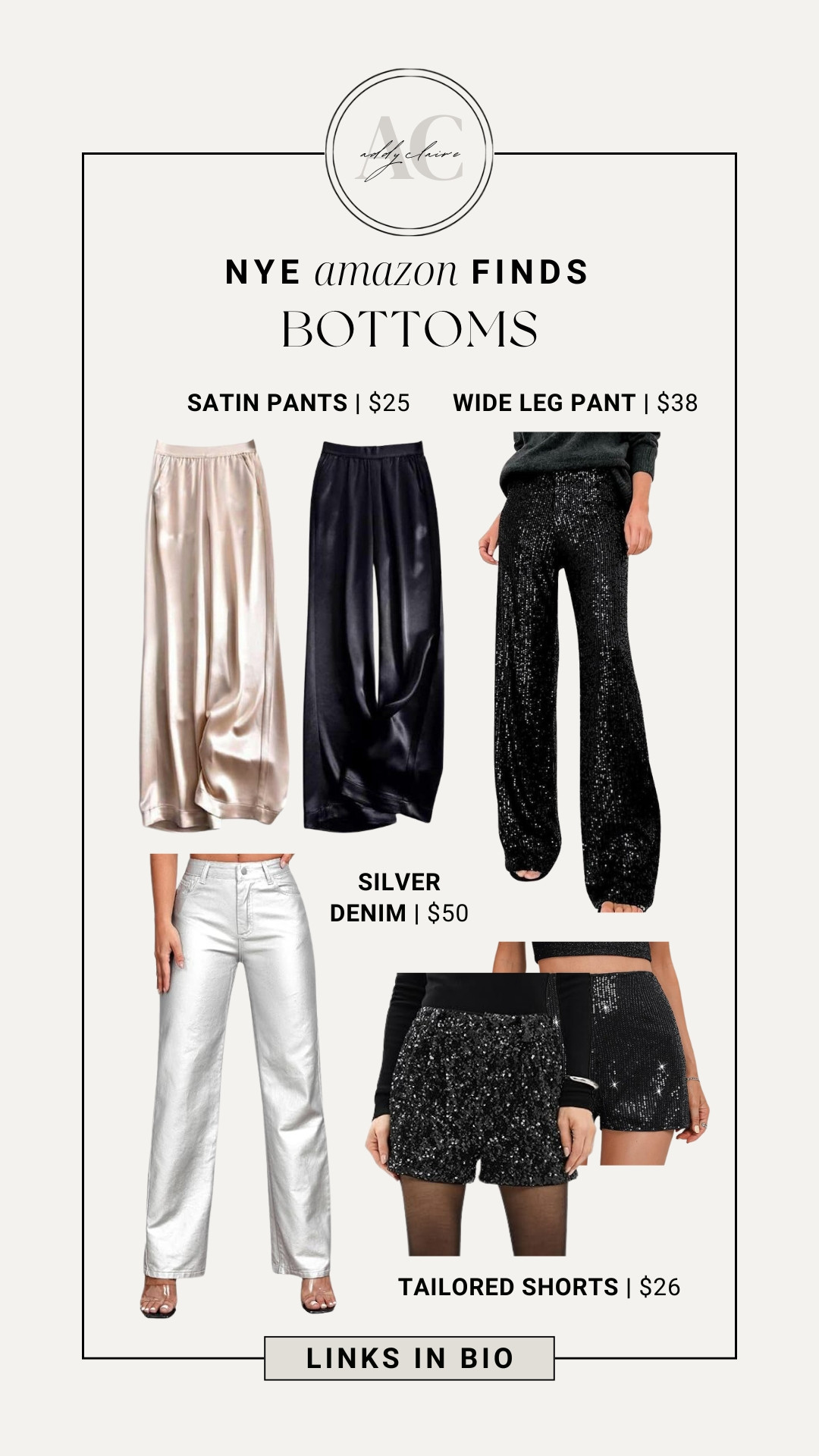 Amazon New Years Eve Outfits: Pants and Bottoms

FT: silver pants, satin patns outfit, mini shorts, sequin shorts, skirts, womens skirts, amazon fashion

NYE outfit/ Women’s holiday outfit ideas/ Last minute NYE outfit/ NYE amazon/ Womens new years going out outfit/ silver pants styling/ Holiday outfit ideas/ 2025 NYE 

 #LTKHoliday #LTKSeasonal #LTKParties