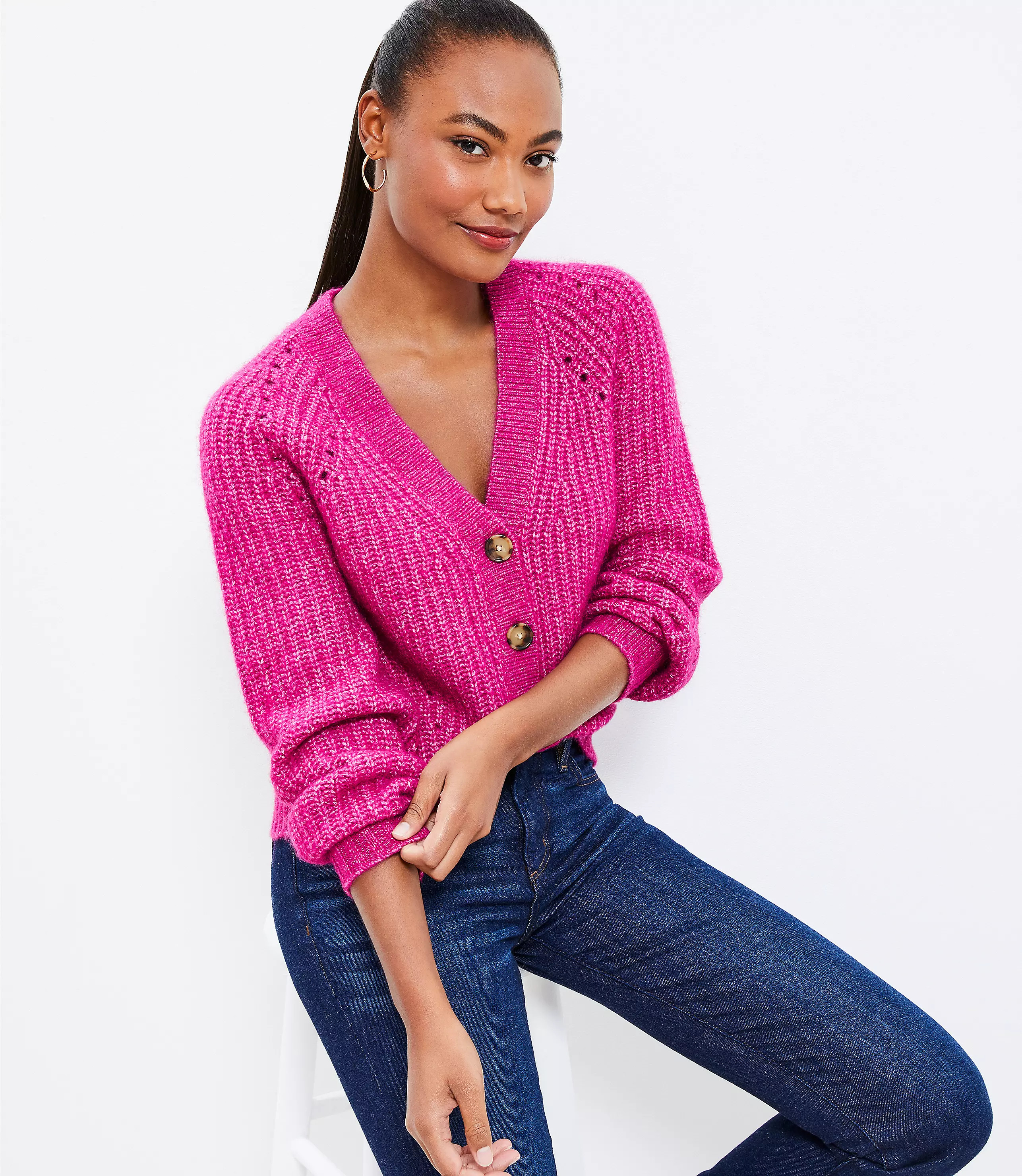 Pointelle V-Neck Cardigan | LOFT