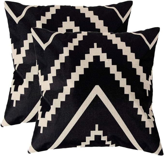 7COLORROOM Modern Geometry Style Throw Pillow Covers Black&Beige Stripes Cotton Linen Square Home... | Amazon (US)