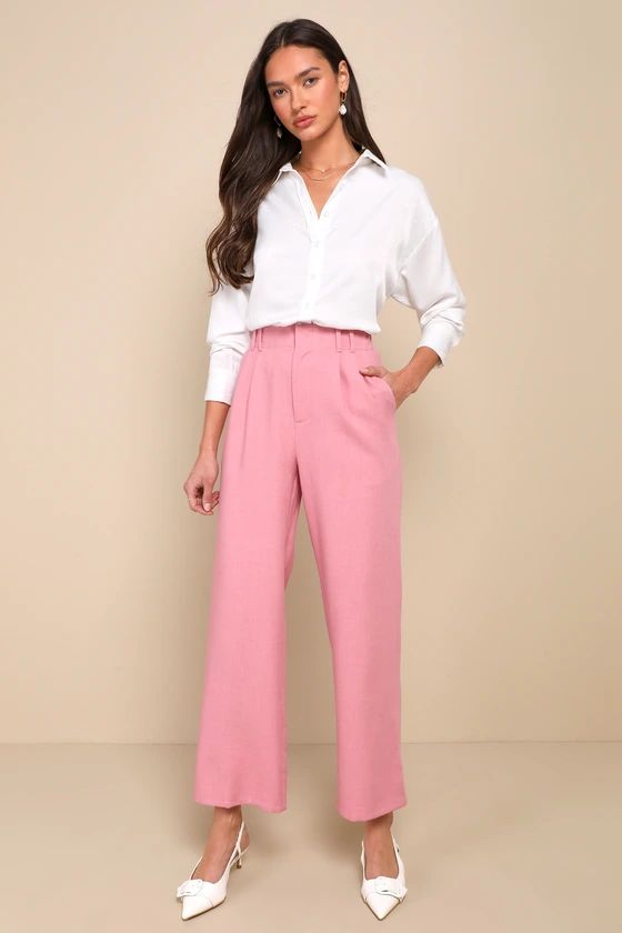 Inspiring Poise Light Pink High Rise Straight Leg Trouser Pants Pink Pants Outfit White Shirt Outfit | Lulus