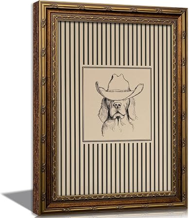 Vintage Gold Framed Cowboy Dog Wall Art Rustic Western Dog Sketch Canvas Print Neutral Vertical S... | Amazon (US)