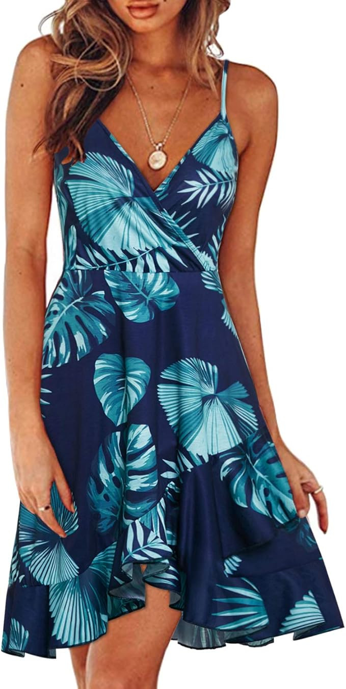 ULTRANICE Womens Summer Floral Wrap V Neck Adjustable Spaghetti Casual Ruffle Dress | Amazon (US)