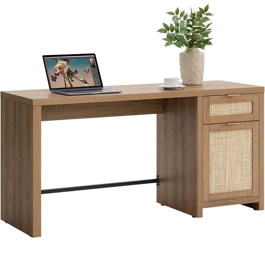 SICOTAS Rattan Executive Desk with Storage, 59" Boho Home Office Desk with Cabinets and Drawers, ... | Amazon (US)
