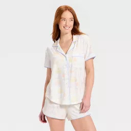 Women's Short Sleeve Notch Collar Shirt and Shorts Pajama Set - Auden™ Cream M | Target