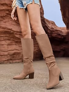 Huiyuzhi Womens Pointed Toe Mid Chunky Heel Side Zipper Knee High Boots Tall Booties | Amazon (US)