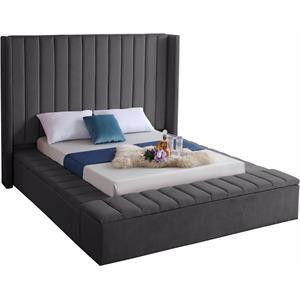 Meridian Furniture Kiki Solid Wood and Velvet Queen Bed in Gray | Homesquare