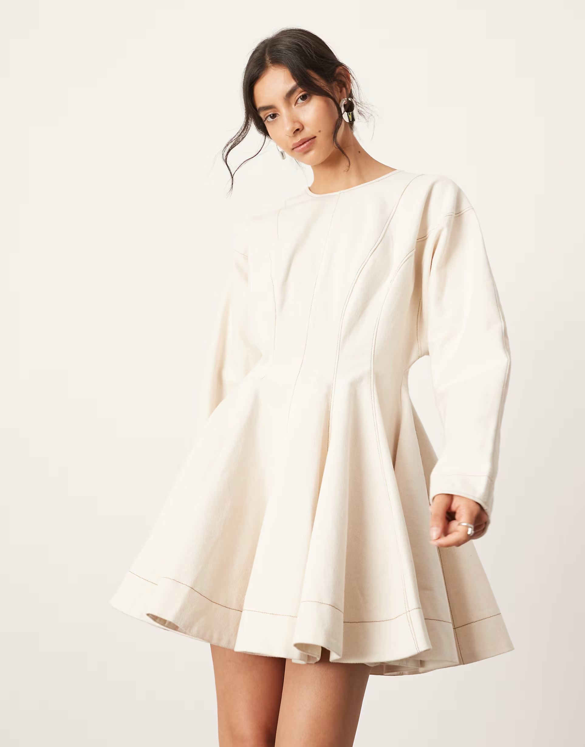 ASOS EDITON twill long sleeve mini dress with seam details in ecru | ASOS | ASOS (Global)