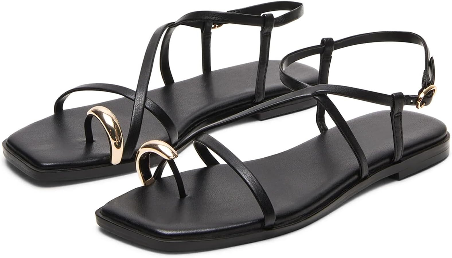 Flat Sandals for Women Girl Metallic Square Open Toe Decorated Buckle Clip Toe Strap Low Heel Sli... | Amazon (US)