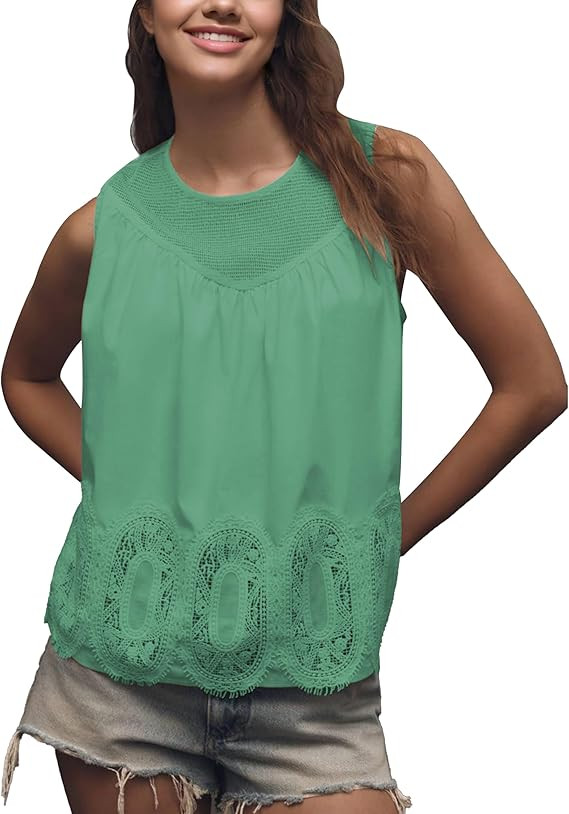 Womens Summer Lace-Detail Blouse Sleeveless Crew Neck Tank Top Poplin Mesh See Through Blouse | Amazon (US)