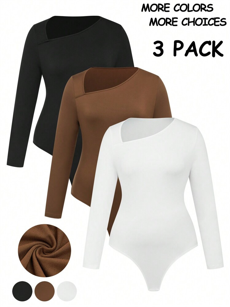 Calvaya Plus Size Autumn Winter Casual Solid Color Asymmetrical Collar Long Sleeve Bodysuit Fall Cloth For Women | SHEIN