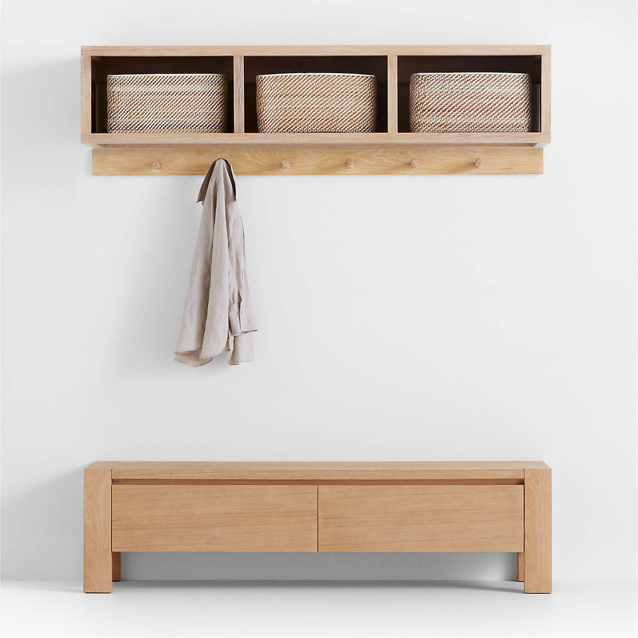 Terra Natural White Oak Wood 3-Piece Entryway Storage with Bench | Crate & Barrel | Crate & Barrel