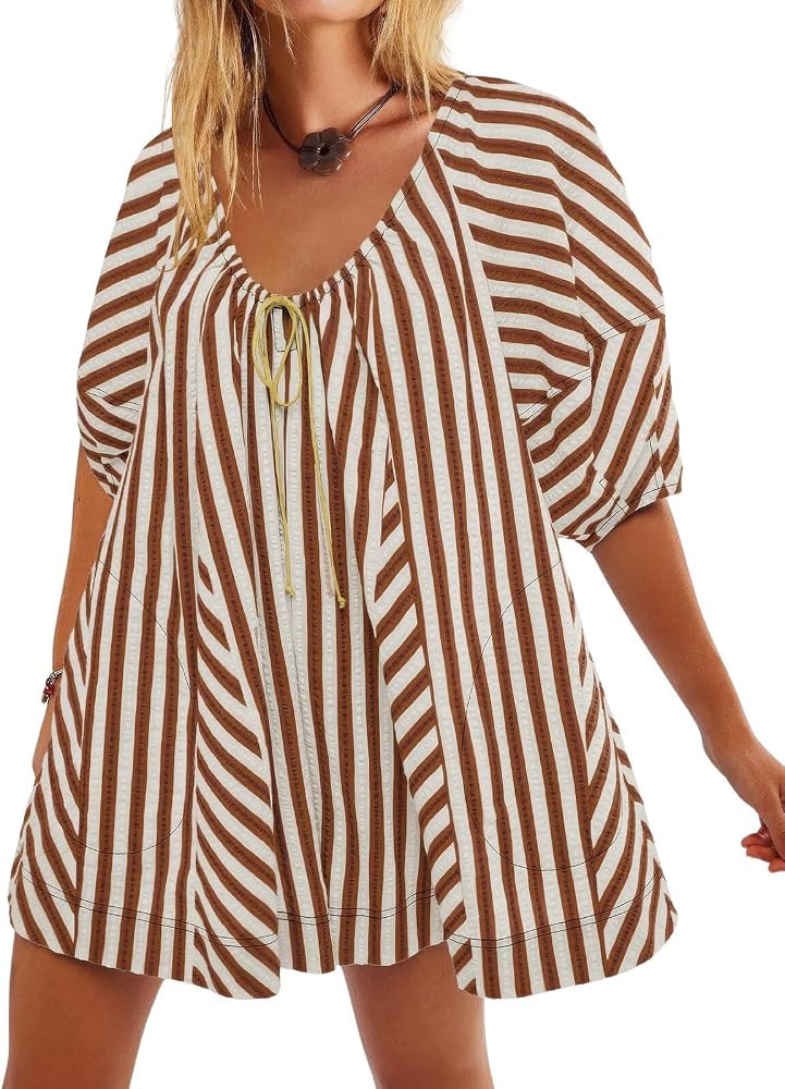 ebossy Womens Summer Casual Striped Rompers Puff Sleeve Wide Leg Shorts Jumpsuit Loose Fit Vacati... | Amazon (US)