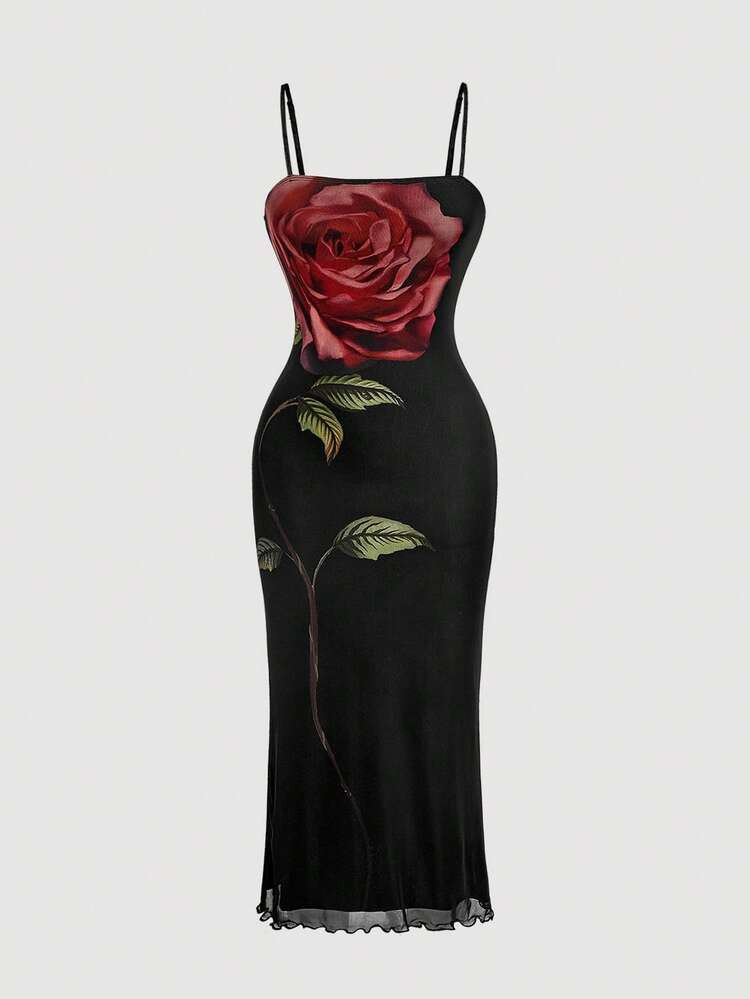 SHEIN MOD Plus Size Floral Print Mesh Vintage Romantic Mid-Length Dress, Spring/Summer Fitted Spaghetti Strap Dress, Suitable For Party And Holiday Wear Rose Dress Black Long Dress Elegant 3d Floral Dress Luxury Dress Flower Dress For Women | SHEIN