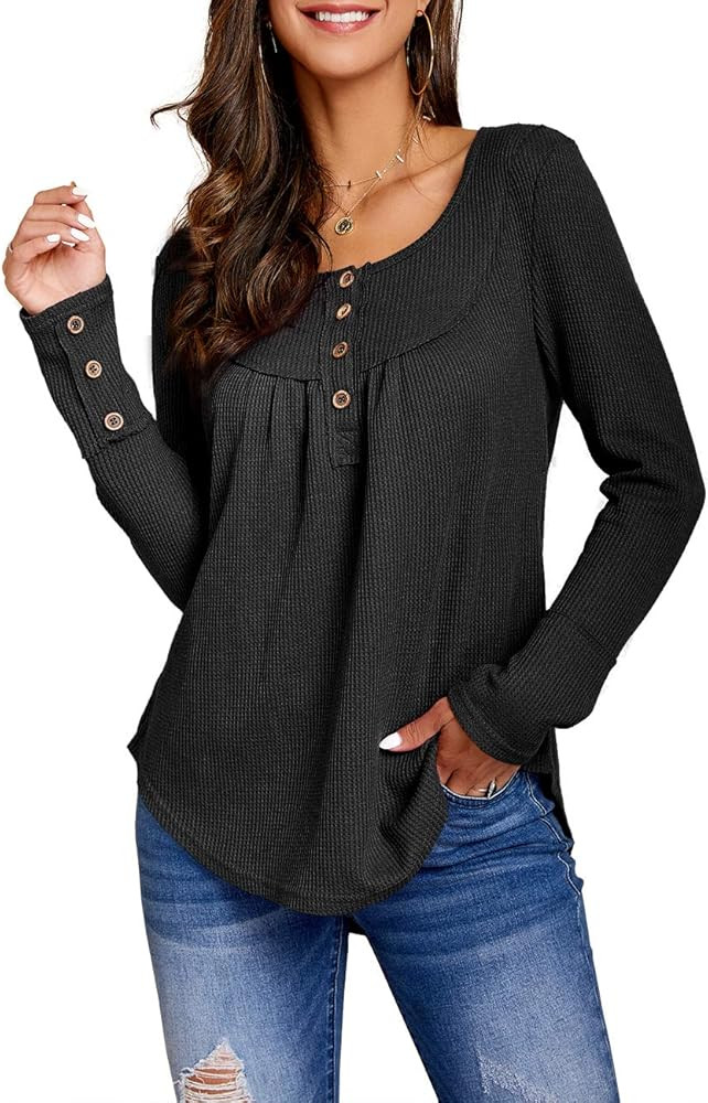 thefabland Womens Round Neck Waffle Knit Tunic Shirt Button Up Long Sleeves Tunic Tops | Amazon (US)