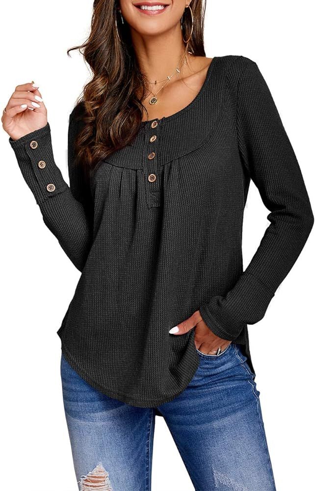 thefabland Womens Round Neck Waffle Knit Tunic Shirt Button Up Long Sleeves Tunic Tops | Amazon (US)