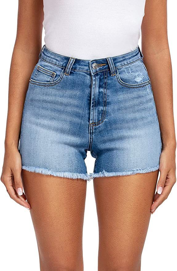 Women's Juniors Stretchy Denim High Waisted Folded Hem Curvy Fit Jeans Shorts | Amazon (US)