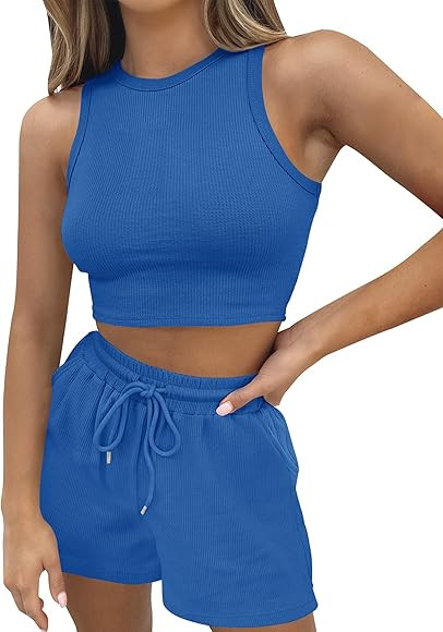 ZESICA Women's 2023 Waffle Knit Sleeveless Crop Top and Shorts Pullover Tracksuits Sweatsuits Lou... | Amazon (US)