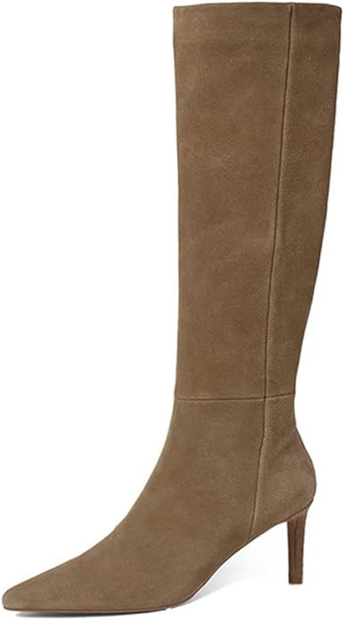 Lutalica W Women's Pointed toe Kitten Heel Knee High Boots Stone Pattern Side-Zip Stiletto Boots ... | Amazon (US)