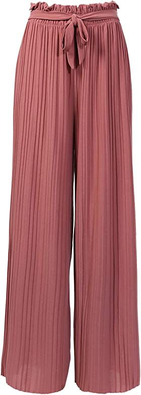 Design by Olivia Women's Ribbon Tie Chiffon Loose Pleated Wide Leg Palazzo Pants | Amazon (US)