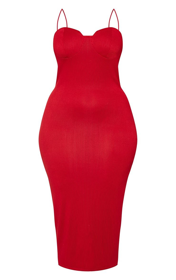 Plus Red Crinkle Rib Cup Detail Midi Dress | PrettyLittleThing US