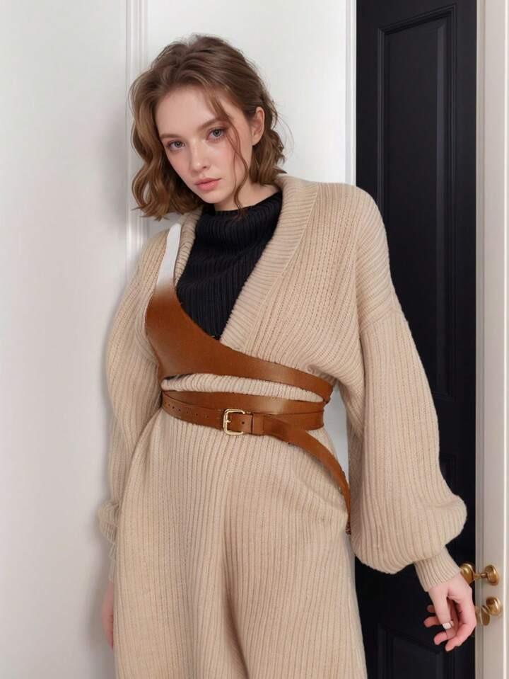 Women's Fashion Casual Faux Leather Strap Waist Belt, Brown Minimalist One Shoulder Design Waist ... | SHEIN