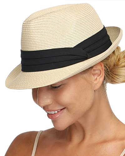 FURTALK Fedora Straw Sun Hat for Men Women Short Brim Panama Beach Hat UPF 80+ Beige | Amazon (US)