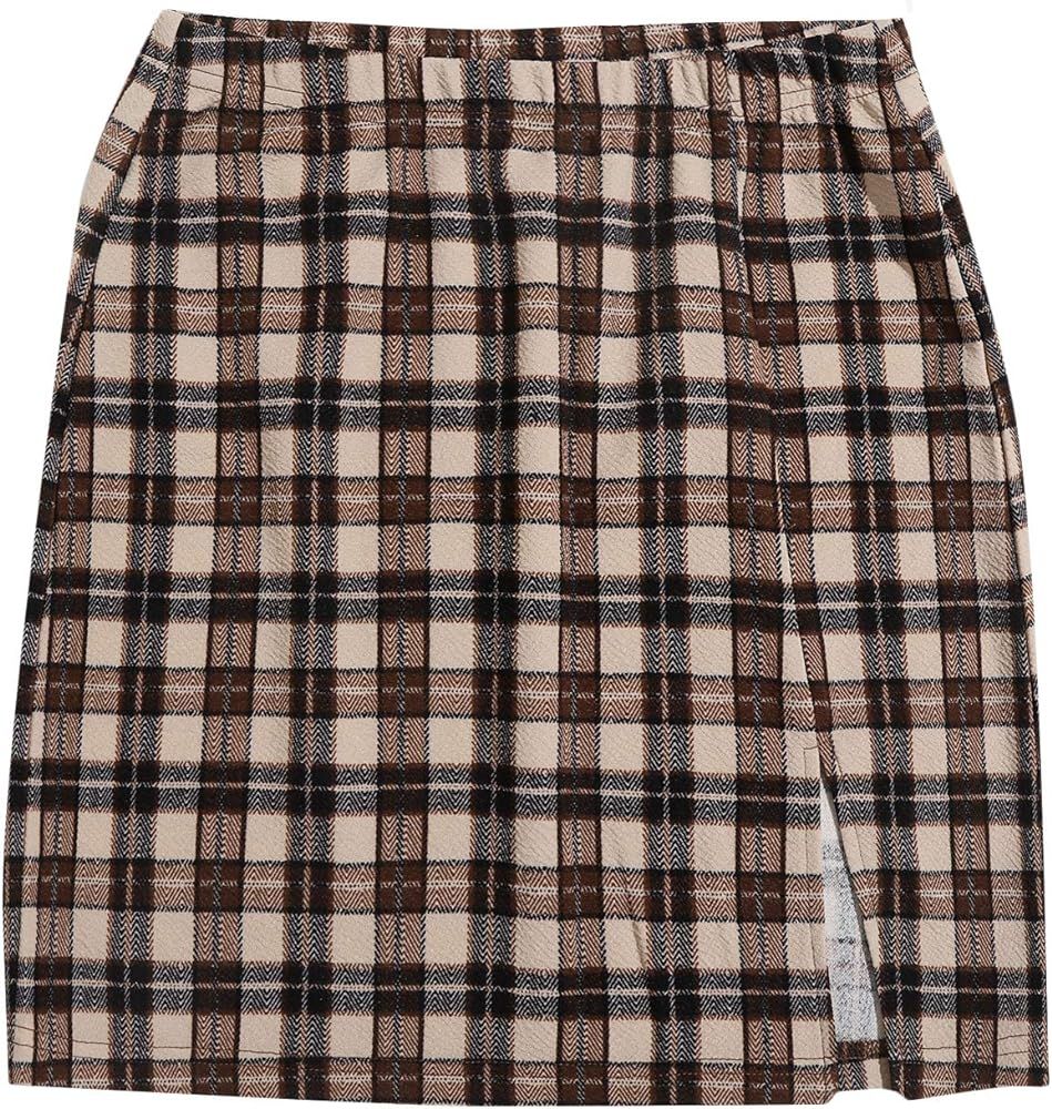 Floerns Women's Casual Split Hem High Waisted Mini Bodycon Plaid Skirt | Amazon (US)