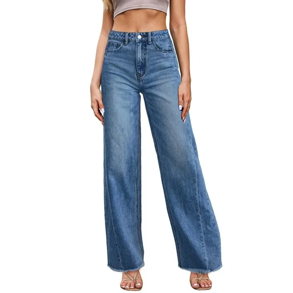 DOKOTOO Women's Wide Leg Jeans High Waisted Strechy Raw Hem Frayed Hem Denim Pants | Walmart (US)