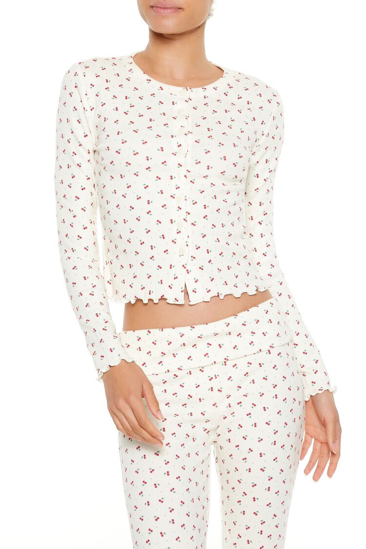 Women's Pointelle Cherry Print Top in White, XS | Forever 21