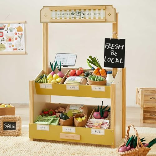 Tiny Land Wooden Play Store – Pretend Farmers Market & Coffee Shop with Cash Register, DIY Price Tags, Chalkboard, Pretend Grocery Store Role Play Toy for Toddlers | Amazon (US)