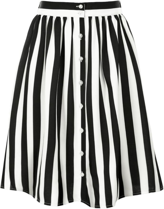 Allegra K Women's Striped Button Front Elastic Back Waist A-Line Midi Skirt | Amazon (US)