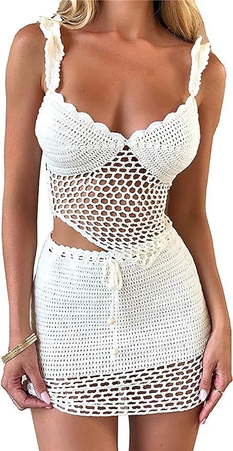 Thopavenoir Women Hollow Out 2 Piece Swimsuit Outfits Y2k Bodycon Crochet Cover Up and Knit See T... | Amazon (US)