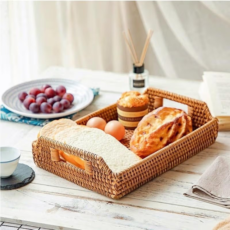 Rattan Serving Tray, Hand Woven Tray with Handles, Rectangular Wicker Basket Tray for Coffee Tabl... | Amazon (US)